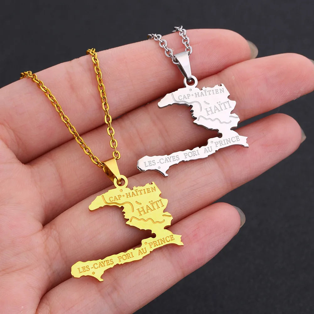 2024 New fashion stainless steel Haiti map pendant necklace for men and women geometric titanium steel pendant ethnic style clav