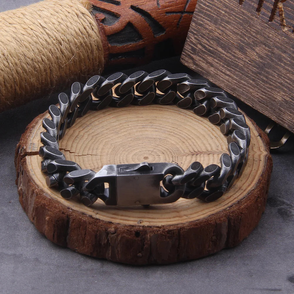 Vintage Black Men Bracelet Stainless Steel Curb Cuban Link Chain Hiphop Trendy Handmade Wholesale Jewelry with Box As Men Gift