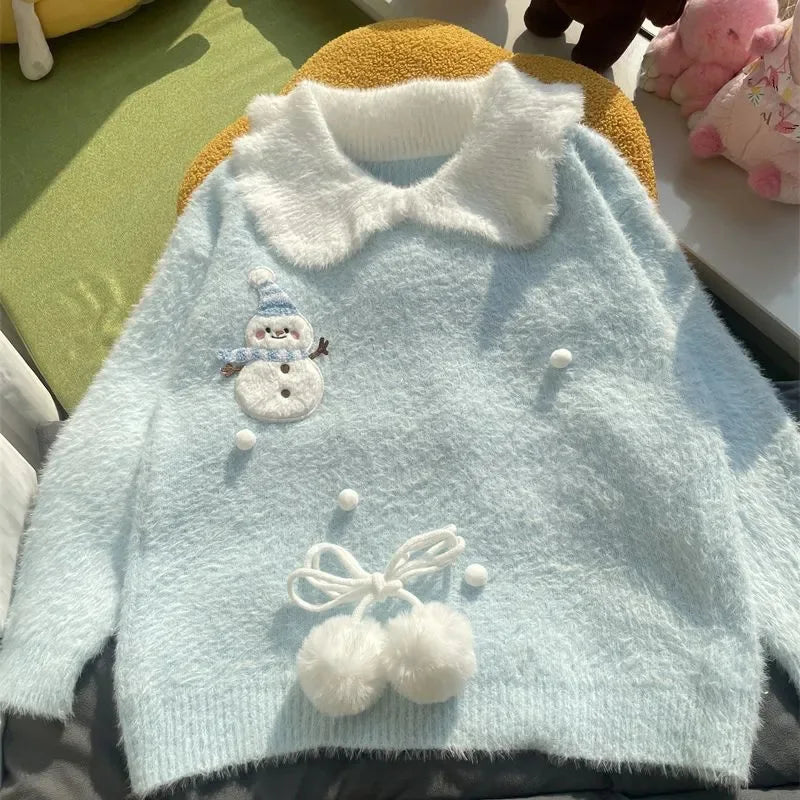 Sweet Faux Mink Cashmere Sweaters Women Kawaii Snowmen Long Sleeve Knitted Pullover Casual Cute Preppy Style Chic Loose Jumpers
