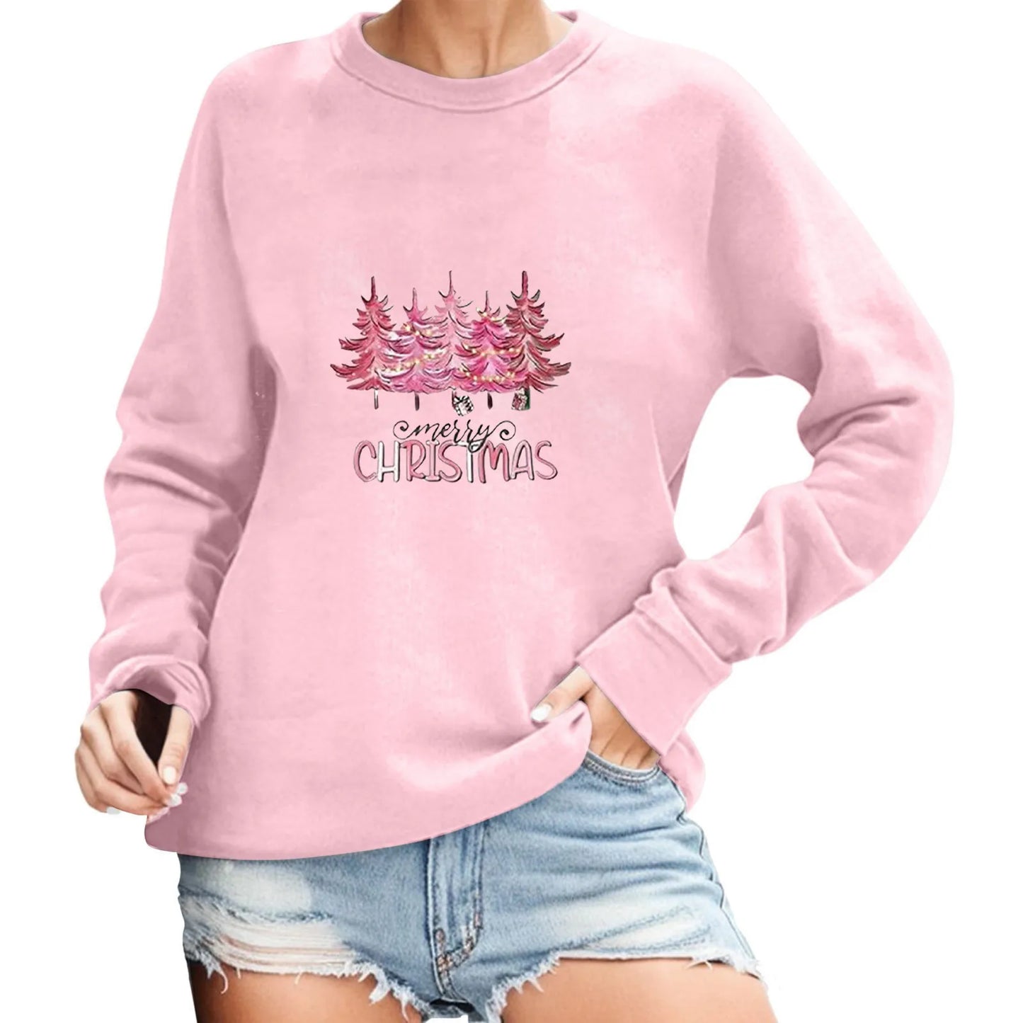 2024 Christmas Pullover Sweater Women's Winter Long Sleeve O-Neck Pullover Sweatshirts Funny Xmas Tree Print Graphic Sweater