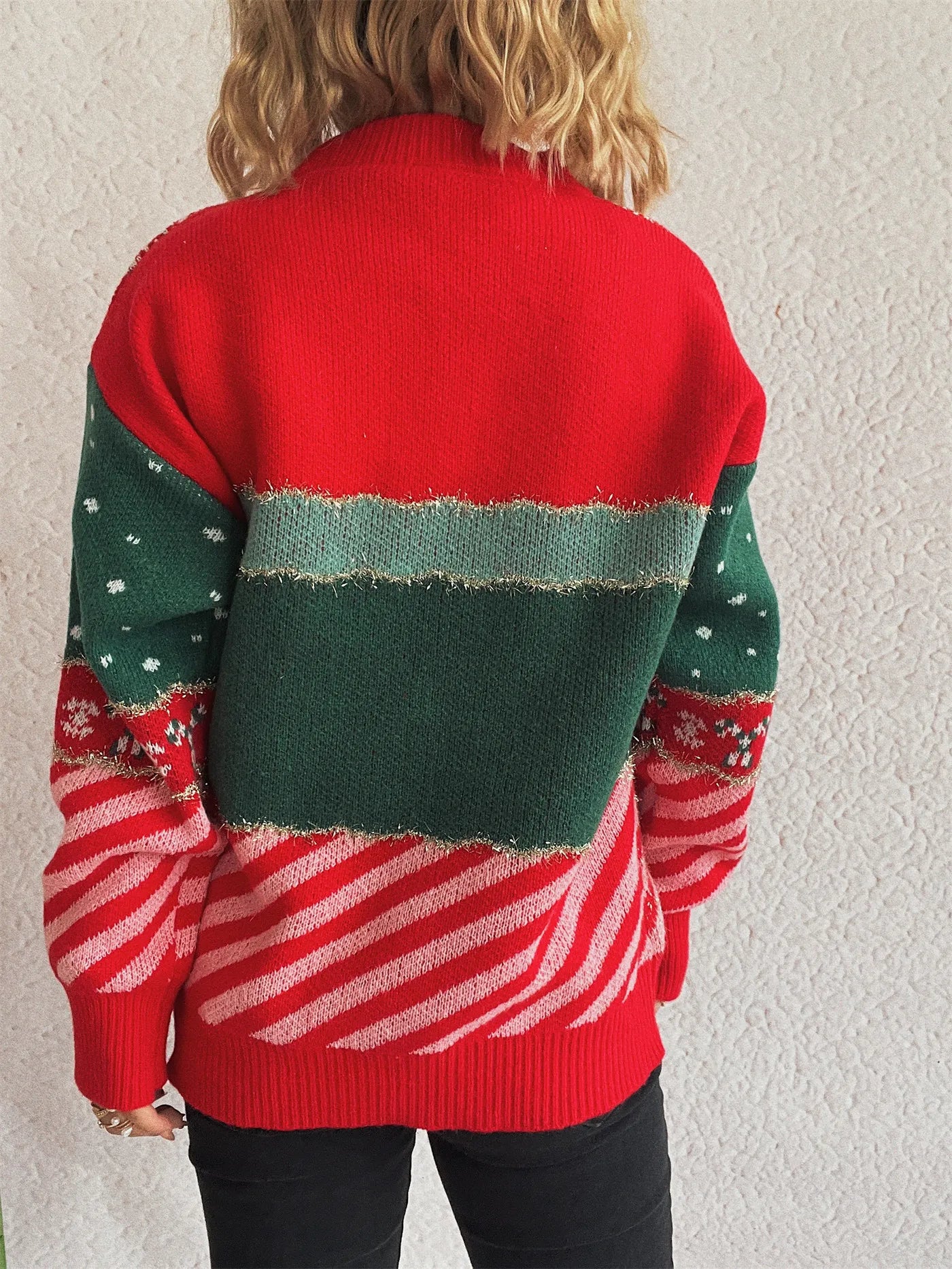 2025 Christmas Women's Jacquard Knit Sweater Round Neck Loose Fit Pullover Autumn Winter Long Sleeve Casual Red New Year Jumpers