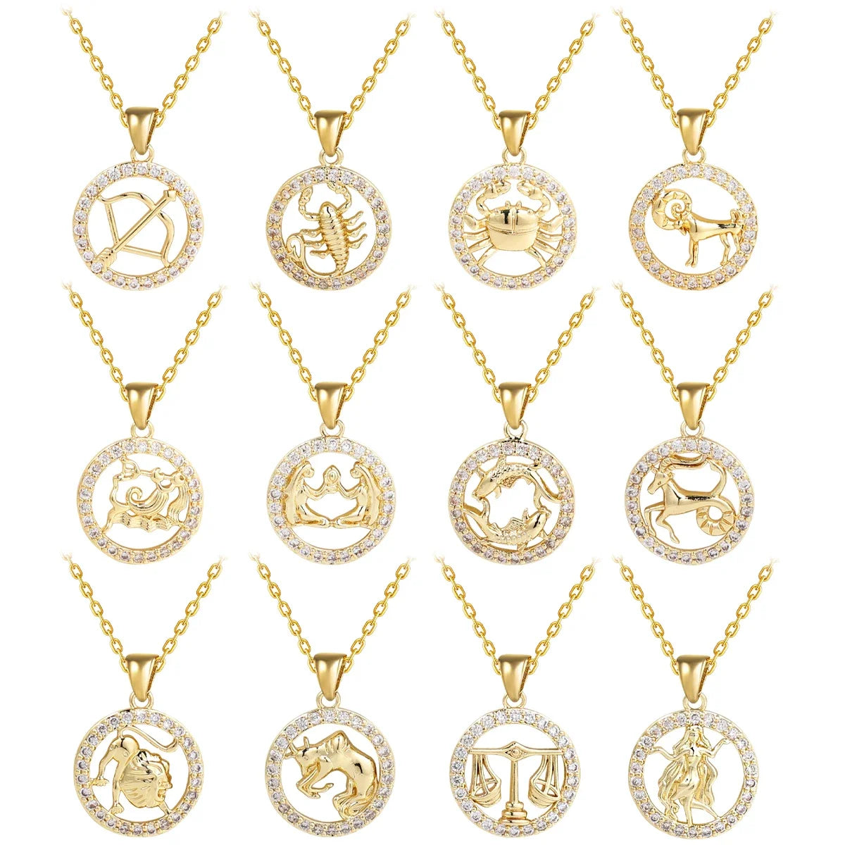 12 Zodiac Signs Necklace Copper Gold Plated Zodiac Signs Pendant Chain Ladies Necklace Birthday Jewelry Ladies Jewelry