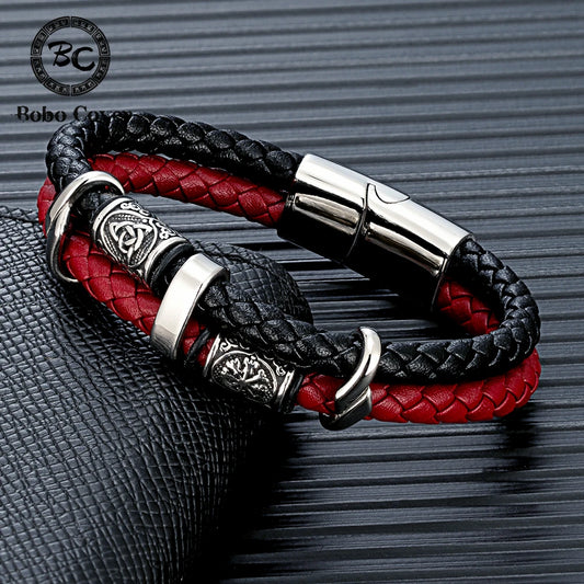 Vintage Vikings Compass Multilayer Genuine Leather Bracelet Men Stainless Steel Norse Runes Valknut Bangle Scandinavian Jewelry