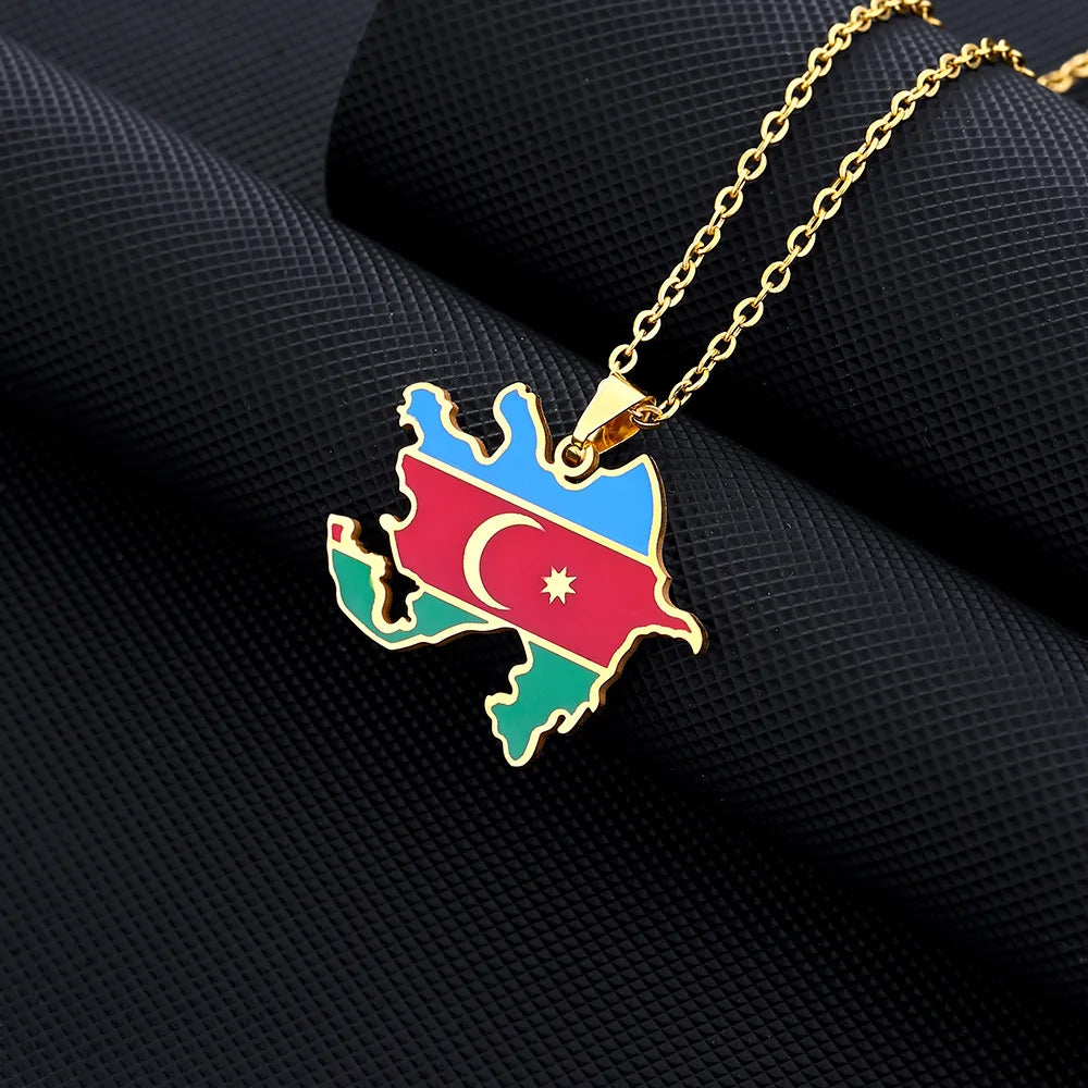 2024 new fashion stainless just Azerbaijan map with flag pendant necklace temperament everything collarbone chain birthday anniv