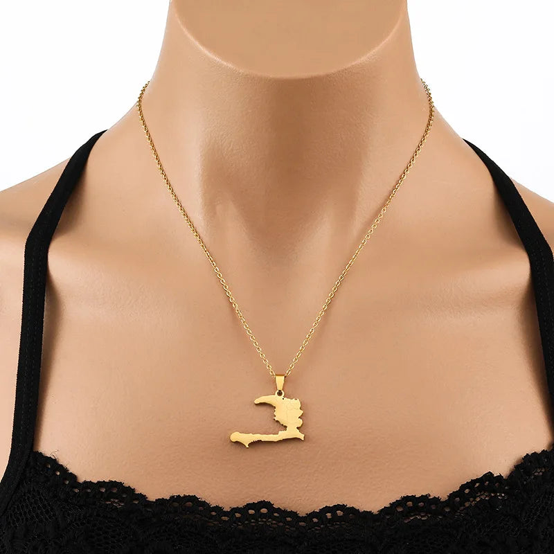 2024 New fashion stainless steel Haiti map pendant necklace temperament all-match titanium steel couple necklace gift for men an