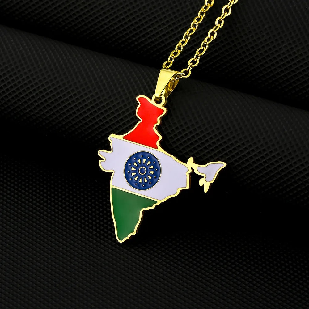 2024 new fashion stainless steel vintage dripping stainless steel Indian flag map pendant necklace temperament everything collar