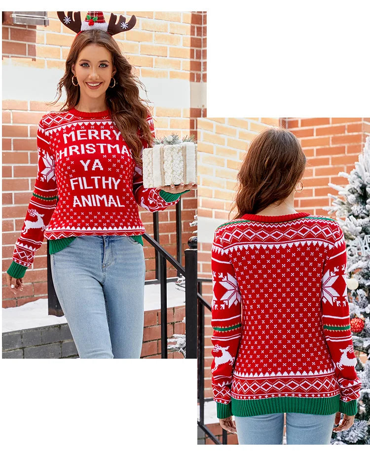 2025 Winter Women Christmas Knit Sweaters Chic Elk Print Jacquard Knitwear Long Sleeve O Neck Pullover Top Soft Warm Jumper Y2k