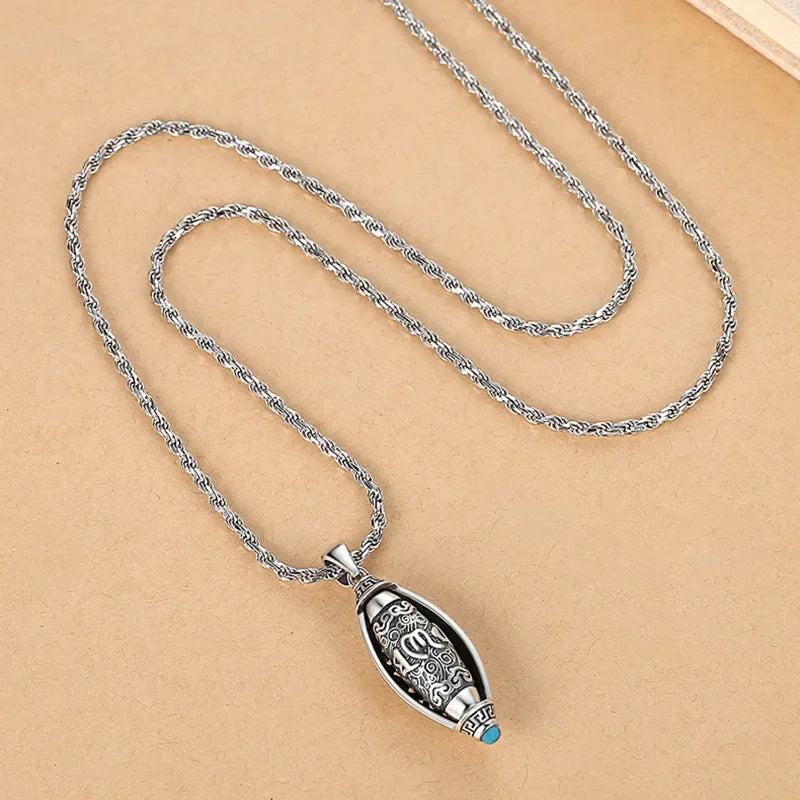 Fashion Six-character Scripture Buddha Necklace for Men and Women Retro Hollow Pattern Prayer Wheels Pendant Jewelry Accessories