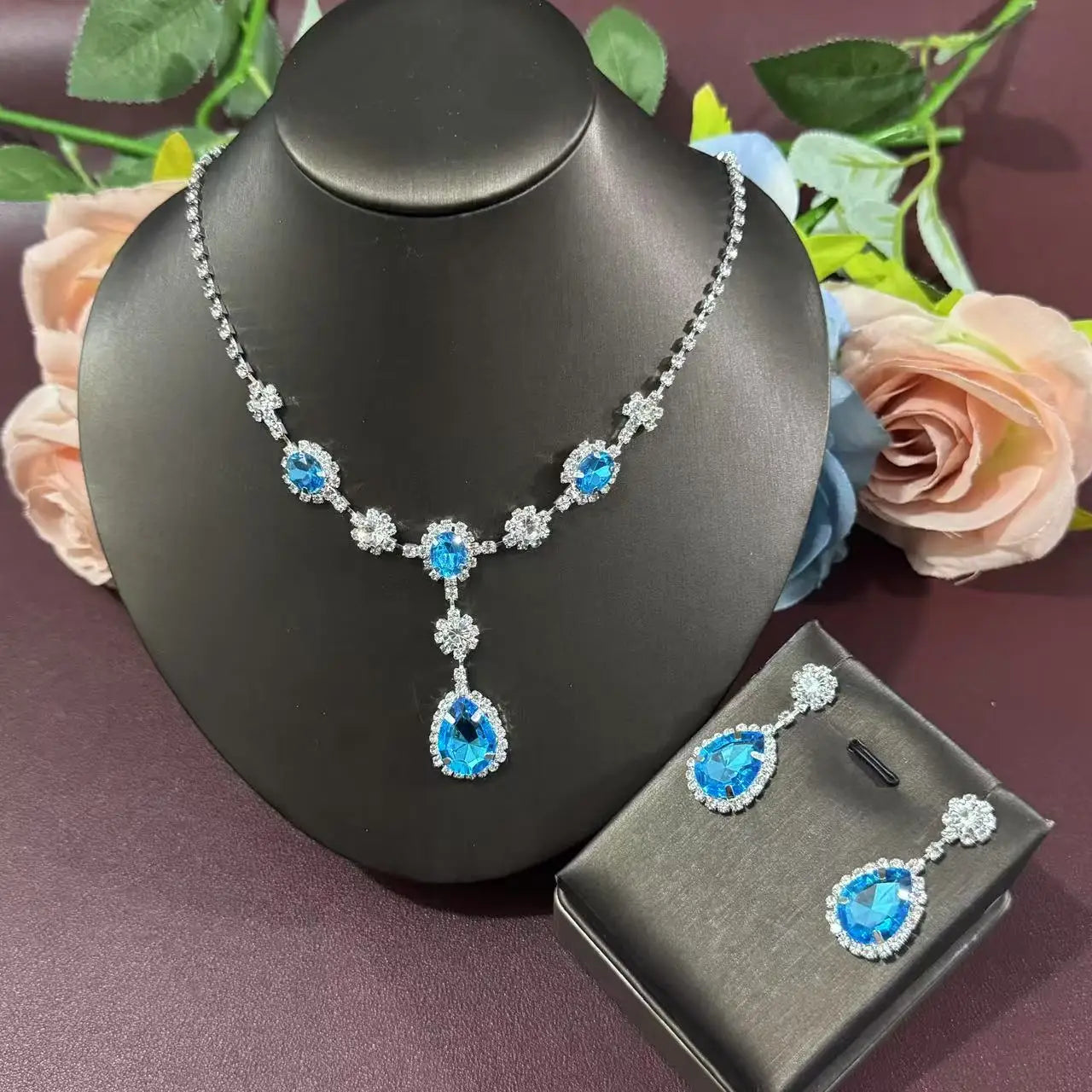 3-piece elegant light blue rhinestone necklace earring jewelry set suitable for women's wedding commemorative banquet jewelry