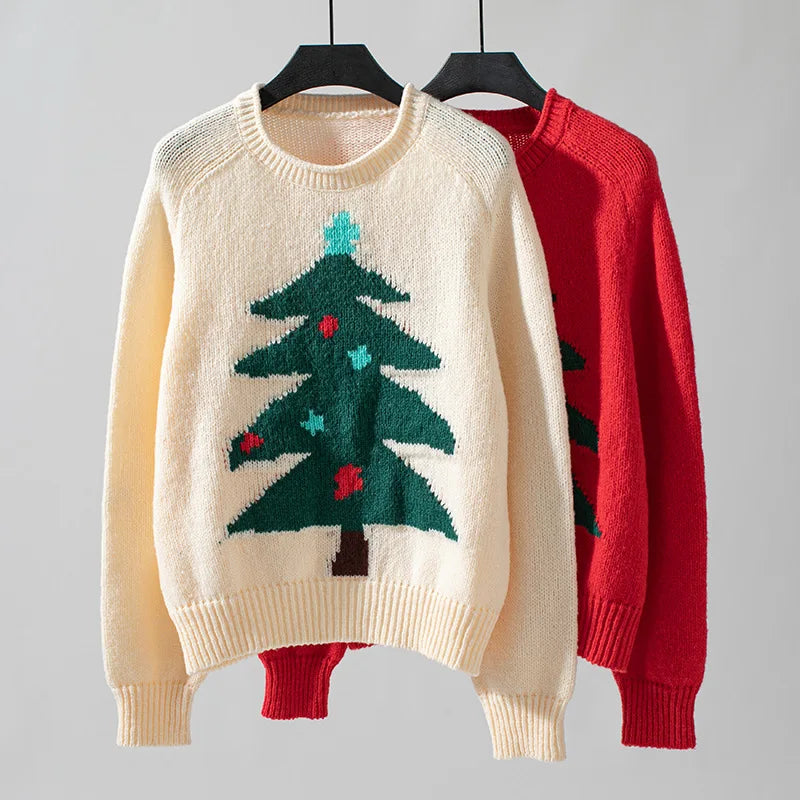 2024 Autumn Winter Women Christmas Tree Pattern Sweaters Casual Knitwear Crew-Neck Pullover Holiday Sweater Woman Pullovers