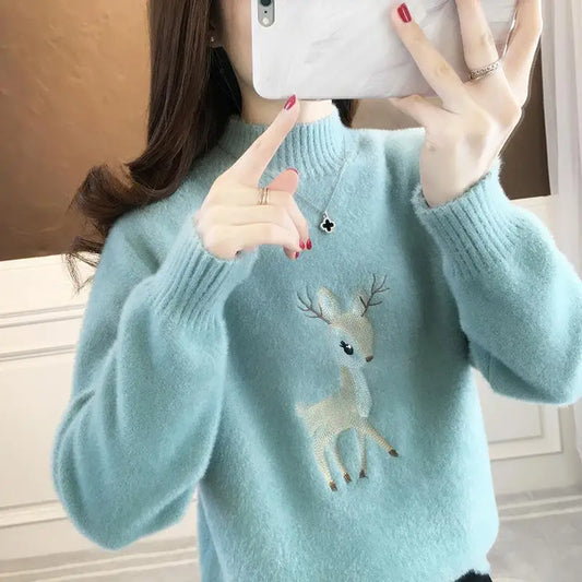 2023 Christmas Sweater Women Faux Mink Cashmere Half High Collar Pullover Fleece Winter Clothes Embroidery Deer Warm Jumper