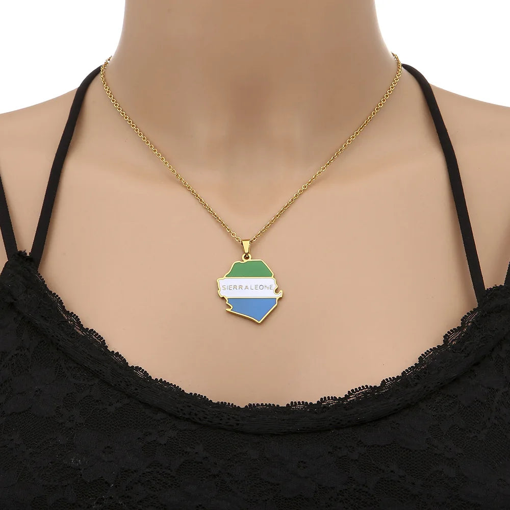 2024 new fashion stainless steel Sierra Leone map pendant necklace temperament everything collarbone chain birthday anniversary