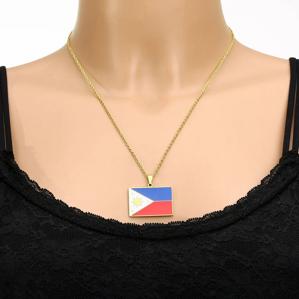 2024 New fashion stainless steel Philippine flag necklace for men and women geometric ethnic style collarbone chain anniversary