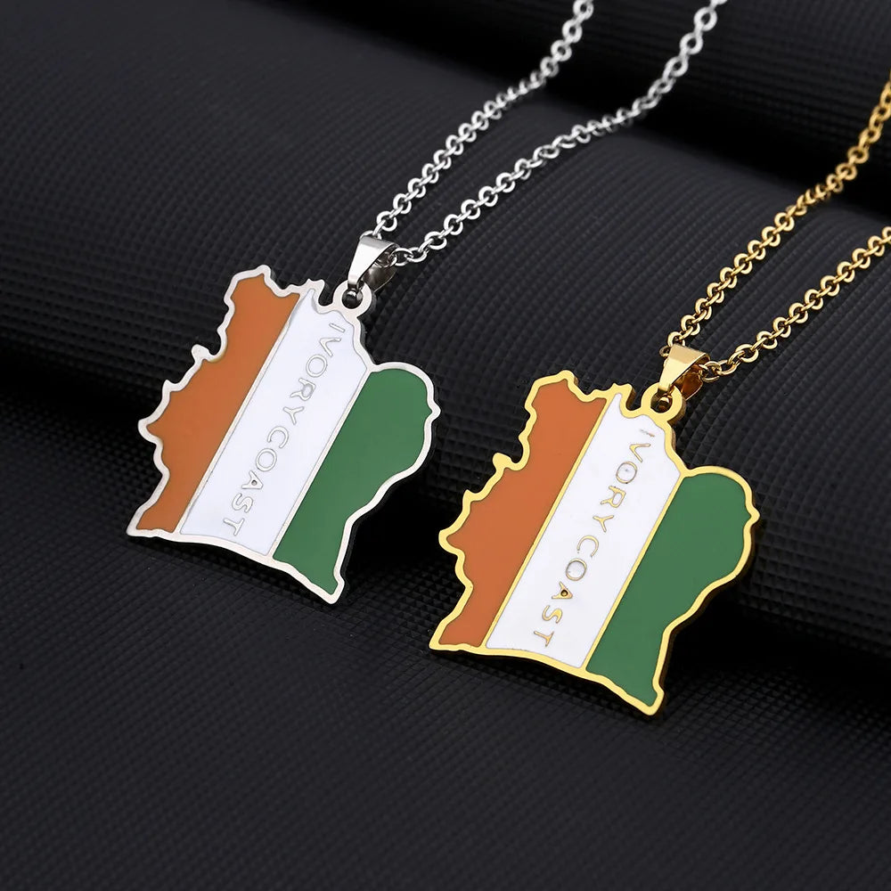 2024 new fashion stainless Cote d 'Ivoire map with flag pendant necklace temperament everything collarbone chain birthday annive