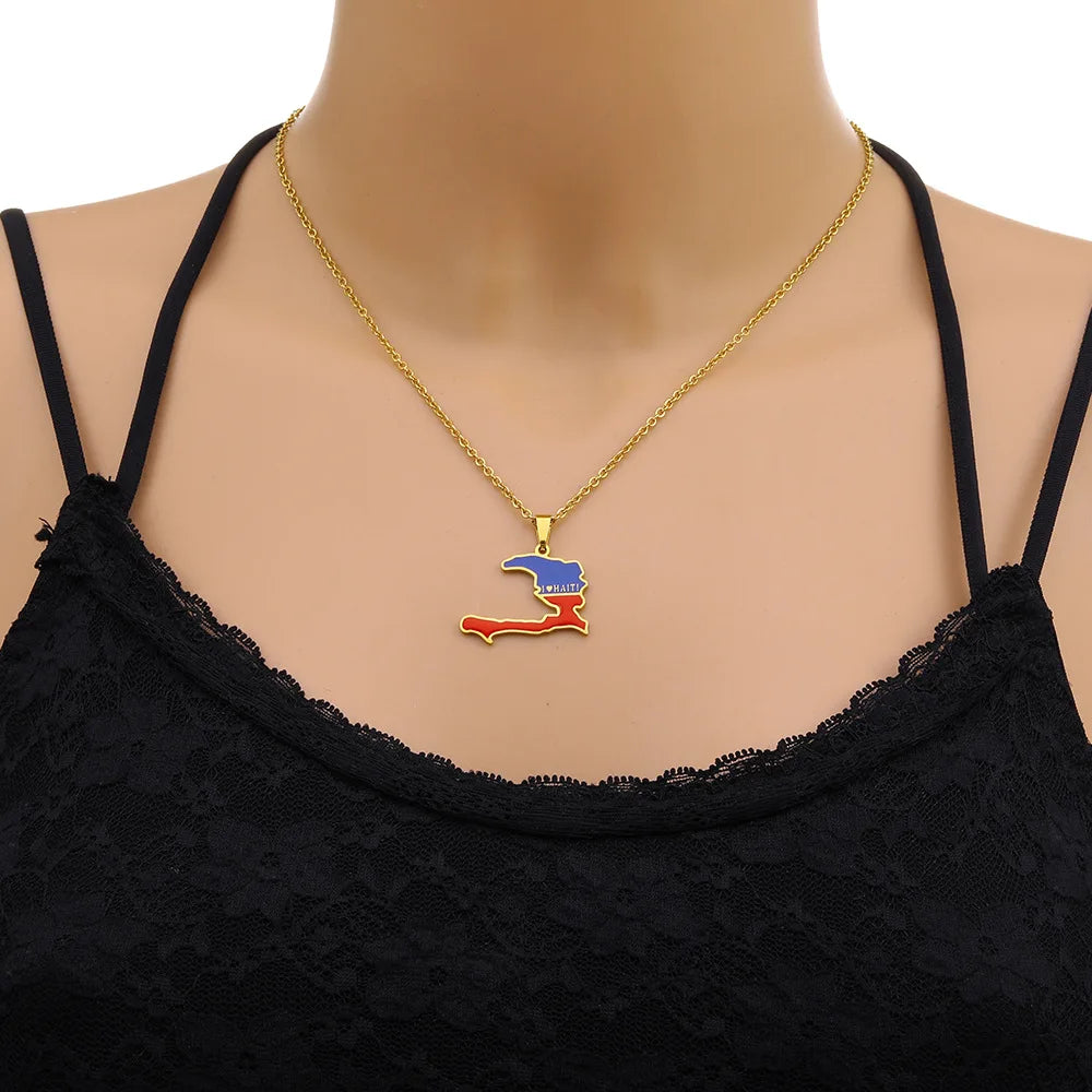 2024 new fashion stainless steel Haiti map pendant necklace temperament everything collarbone chain birthday anniversary gift