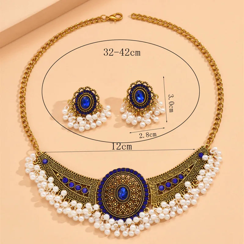 Vintage Jewelry Set Rhinestone Choker Necklaces Stud Earrings For Women Simulated Pearl Beads Bridal Jewelry Sets