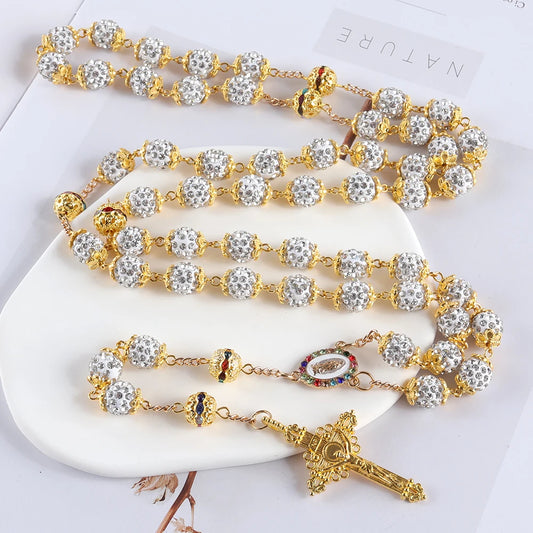 2025New Vintage Catholic 10mm 59 Crystal Rhinestone Beads Cross Necklace