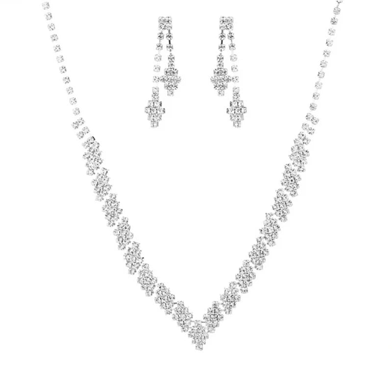 1Set Geometric Rhinestone Necklace Earrings Bracelet Kit Wedding Bride Jewelry Set Simple Tassel Sparkling Jewelry Set Gifts