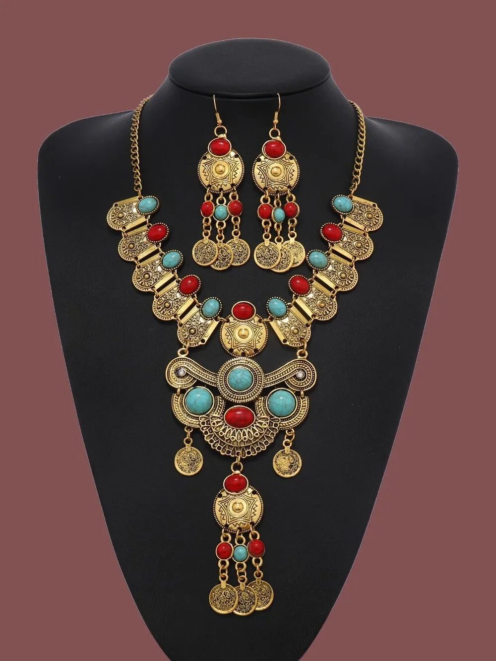 Western Jewelry Set Ethnic Vintage Imitation Turquoise Metal Coin Tassel Necklace And Earrings For Women Party Accessories