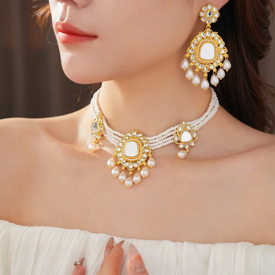 Vintage Light Luxury Wedding Jewelry Set for Women Water Drop Pearl Earrings Versatile High-end Retro Exaggerated Necklace
