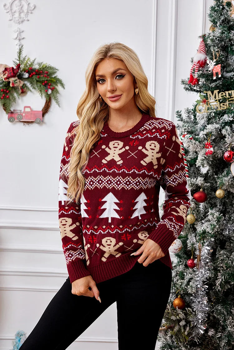 2025New Gingerbread Man Jacquard Long Sleeve Sweater Pullover Casual Top Christmas Sweater