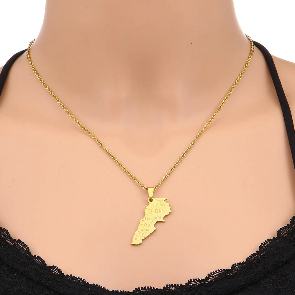 2024 New fashion stainless steel Lebanon map necklace for women and men couples ethnic style accessory collarbone chain annivers