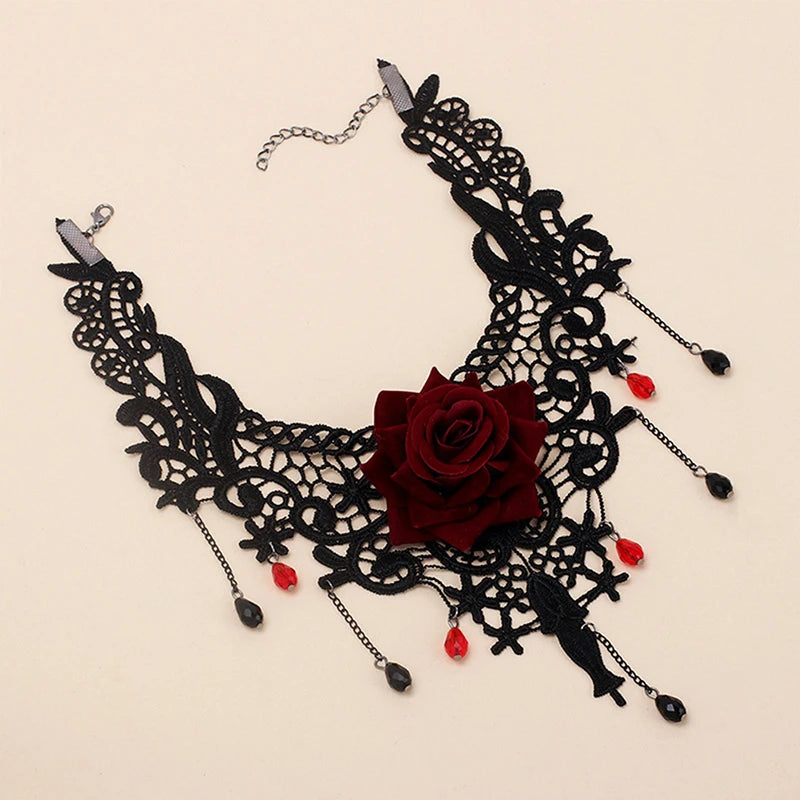 1PCS Vintage Punk Flower Charm Pendant Choker Necklace For Women Gothic Lace Tassel Clavicle Chain Jewelry