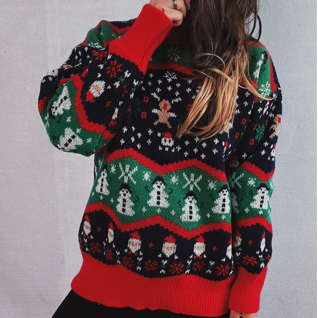 Sueter Mujer 2024 Korean Casual Christmas Sweater Women O Neck Spliced Jacquard Long Sleeves Knitwear Warm Pullover X686