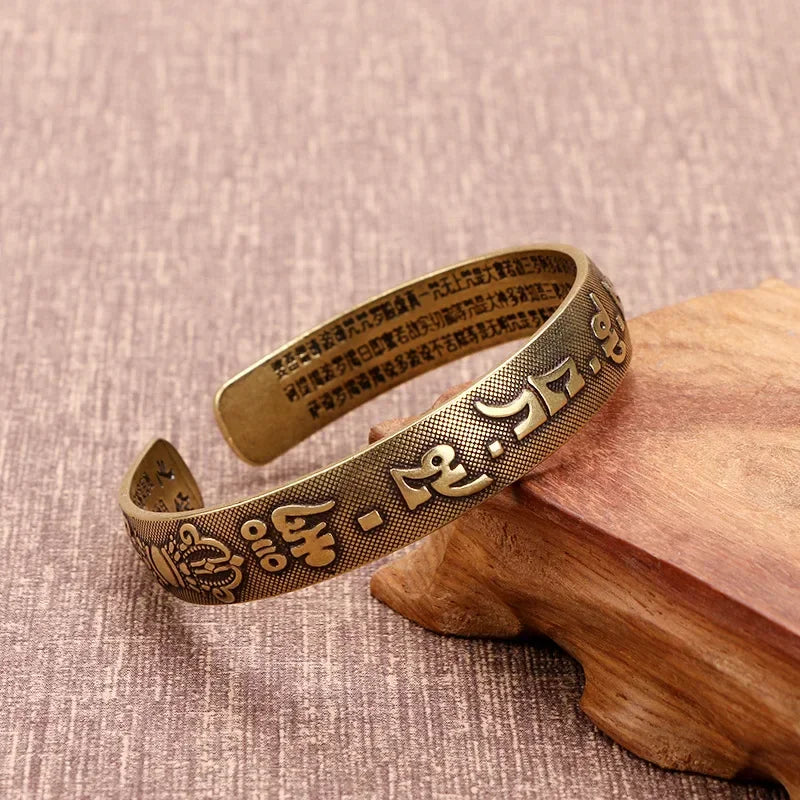 Vintage Buddhist Heart Sutra Cuff Bracelets Men's Six Character True Word Adjustable Bangles Religious Wish Talisman Jewelry