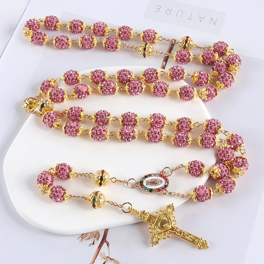 2025New Vintage Catholic 10mm 59 Crystal Rhinestone Beads Cross Necklace
