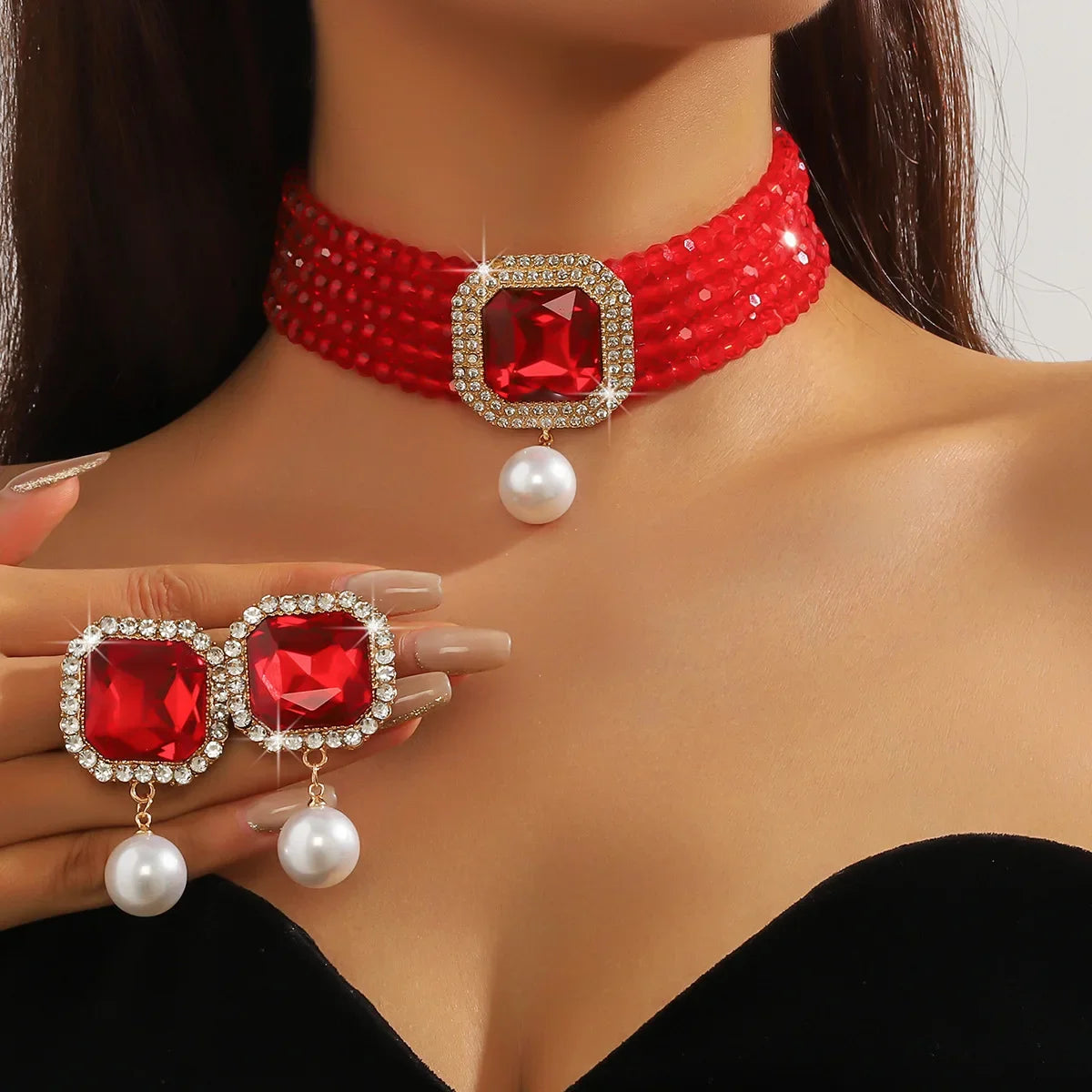 Vintage Multilayer Green Red Blue Black Crystal Necklace Geometric Square Pearl Earrings For Women Weddings Banquet Jewelry Sets