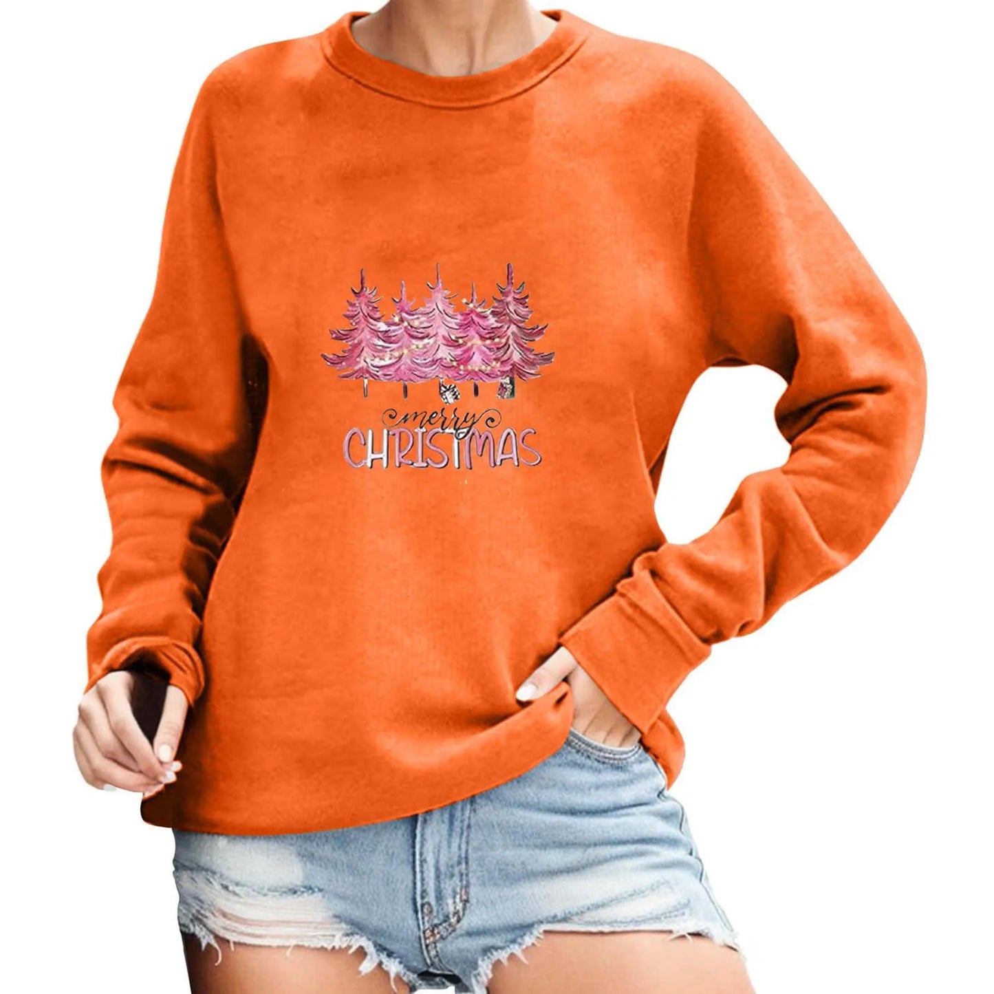2024 Christmas Pullover Sweater Women's Winter Long Sleeve O-Neck Pullover Sweatshirts Funny Xmas Tree Print Graphic Sweater