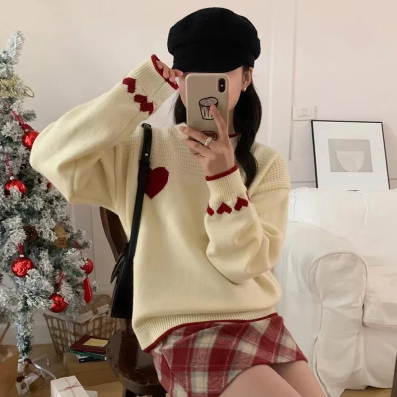 Xingqing Christmas y2k Sweaters Women Clothes Heart Print Round Neck Long Sleeve Knitted Pullover Tops 2000s Aesthetic Clothing