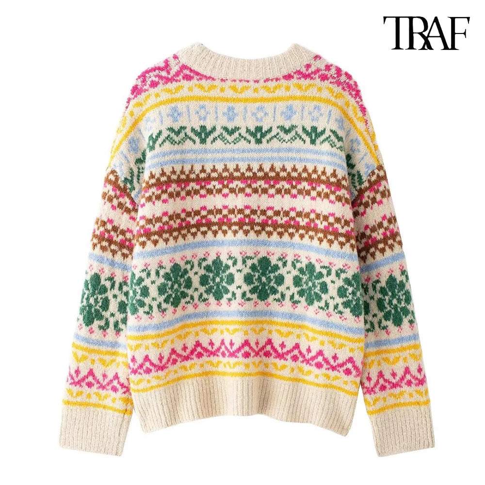 TRAF Women's Fashion 2024 Autumn and Winter Casual Loose Long Sleeve Round Neck Color-Collision Jacquard Knit Christmas Sweater