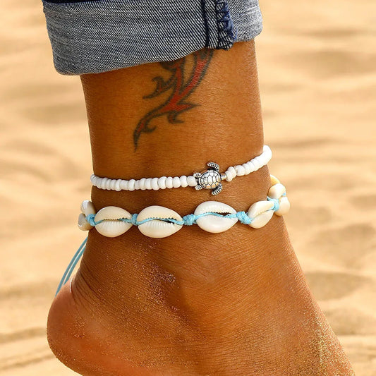 2pcs/set Summer Ocean Beach Anklet Bohemian Retro Turtle Beaded Handmade Anklet & Bracelet 2025 New Trendy Leg Foot Jewelry Gift