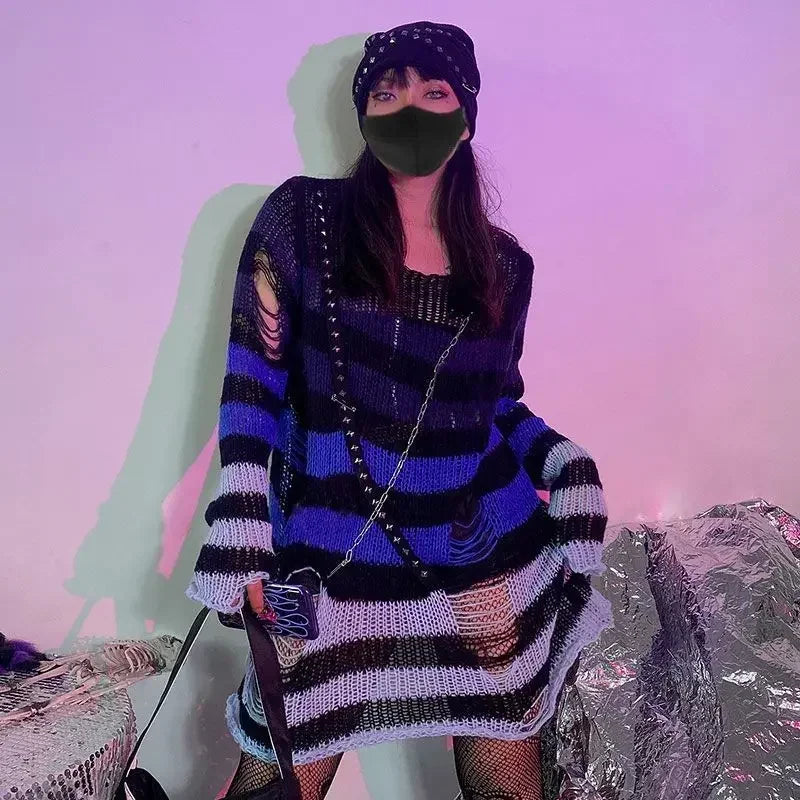 2024 Purple Striped Gothic Sweaters Women Ripped Holes Loose Knitted Pullover Frayed Fairy Grunge Jumpers Emo Streetwear Lolita