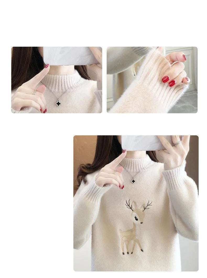 2023 Christmas Sweater Women Faux Mink Cashmere Half High Collar Pullover Fleece Winter Clothes Embroidery Deer Warm Jumper