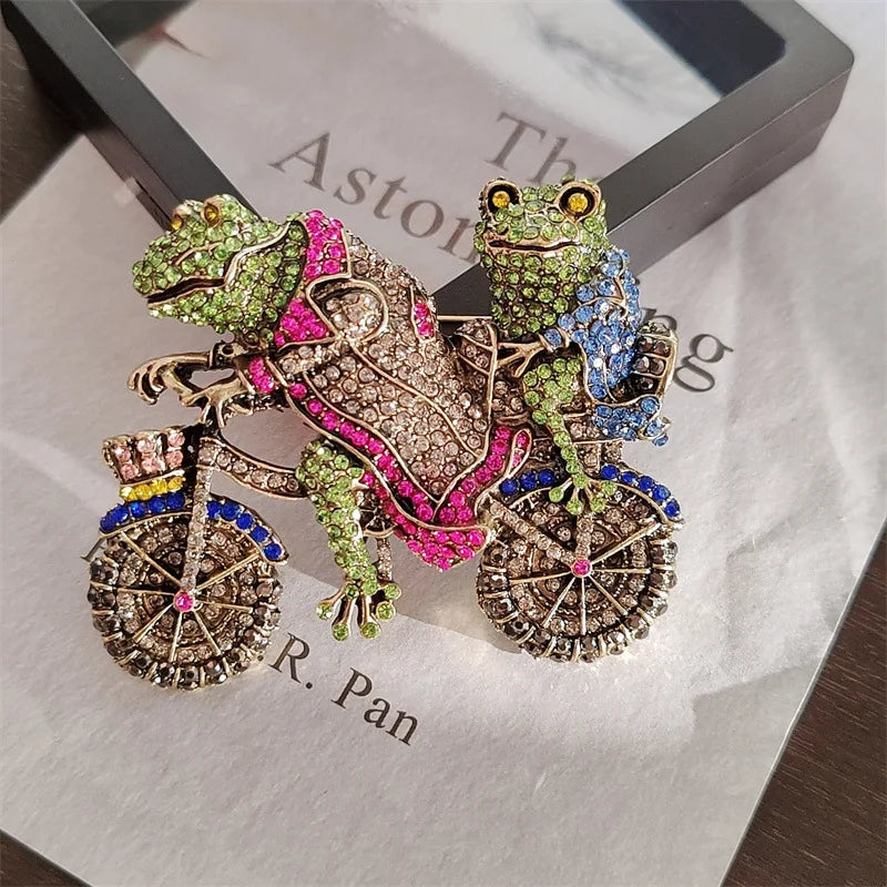 vintage jewelry retro heavy diamond frog prince bicycle brooch women accessories pin