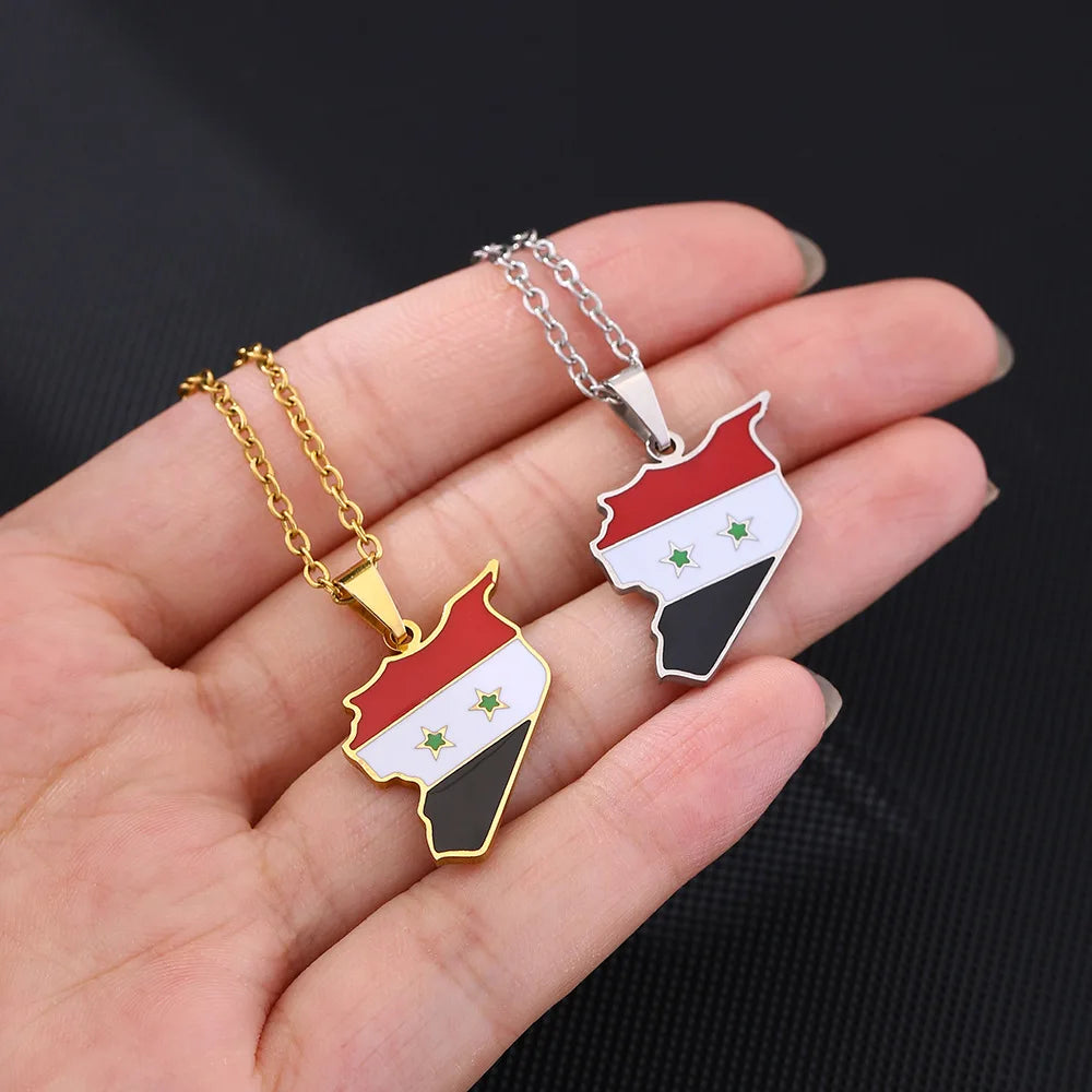 2024 New fashion stainless steel Syria map and flag necklace men's and women's temperament matching couple sweater chain accesso