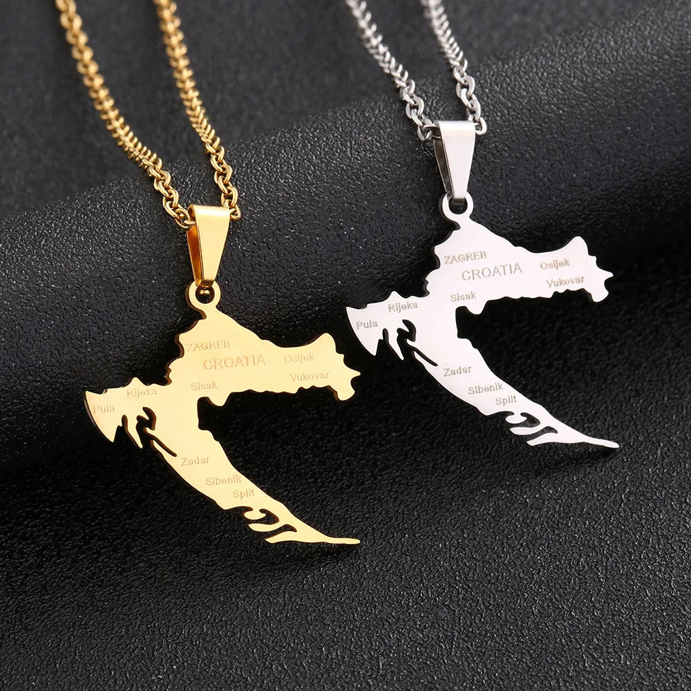 2024 New fashion stainless steel Croatia map and city necklace men's and women's geometric ethnic style collarbone chain anniver