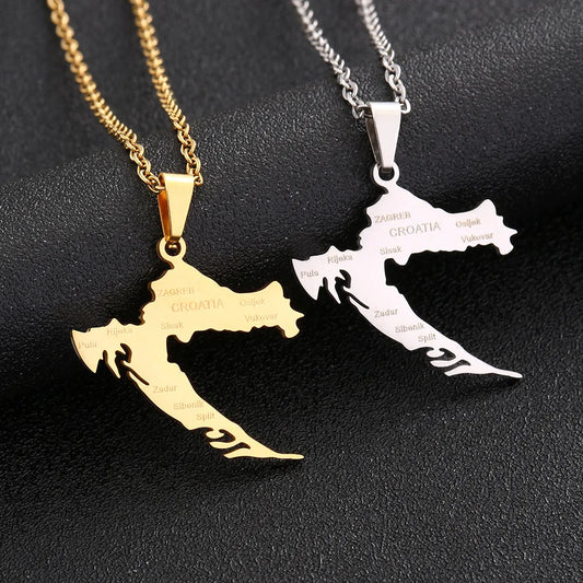 2024 New fashion stainless steel Croatia map and city necklace men's and women's geometric ethnic style collarbone chain anniver