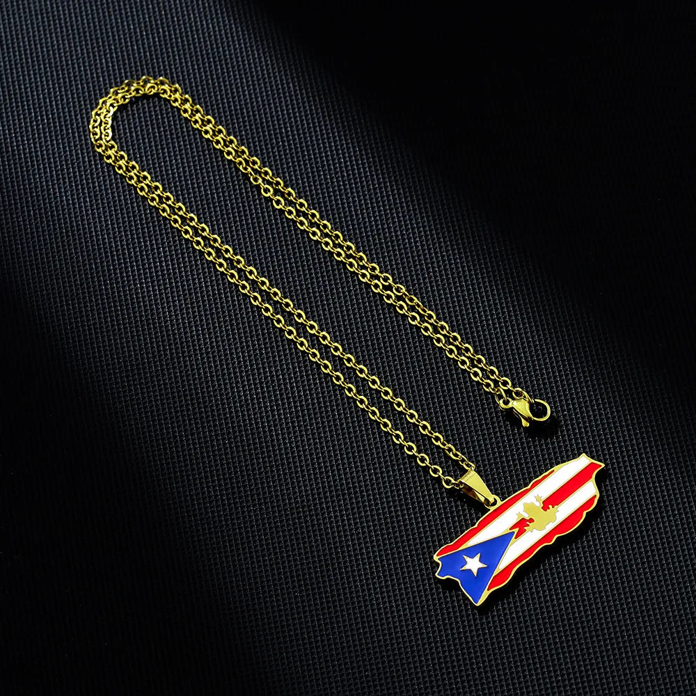 2024 New fashion vintage dripping stainless steel Puerto Rico map flag pendant necklace men's and women's collarbone chain acces