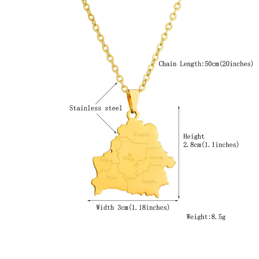 2024 New fashion stainless steel Belarusian map with city necklace for women and men couples ethnic style accessory collarbone c