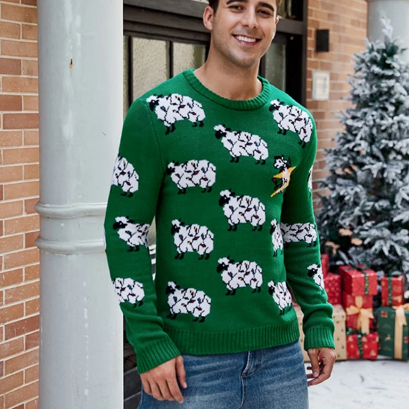 2025 Winter Christmas Men's Knitted Sweater Cartoon Print Full Sleeve O Neck Warm Soft Knitwear Adults Jumper Xmas Look Pullover
