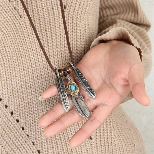Vintage Alloy Tibetan Silver Turquoise Feathers Charms Necklace