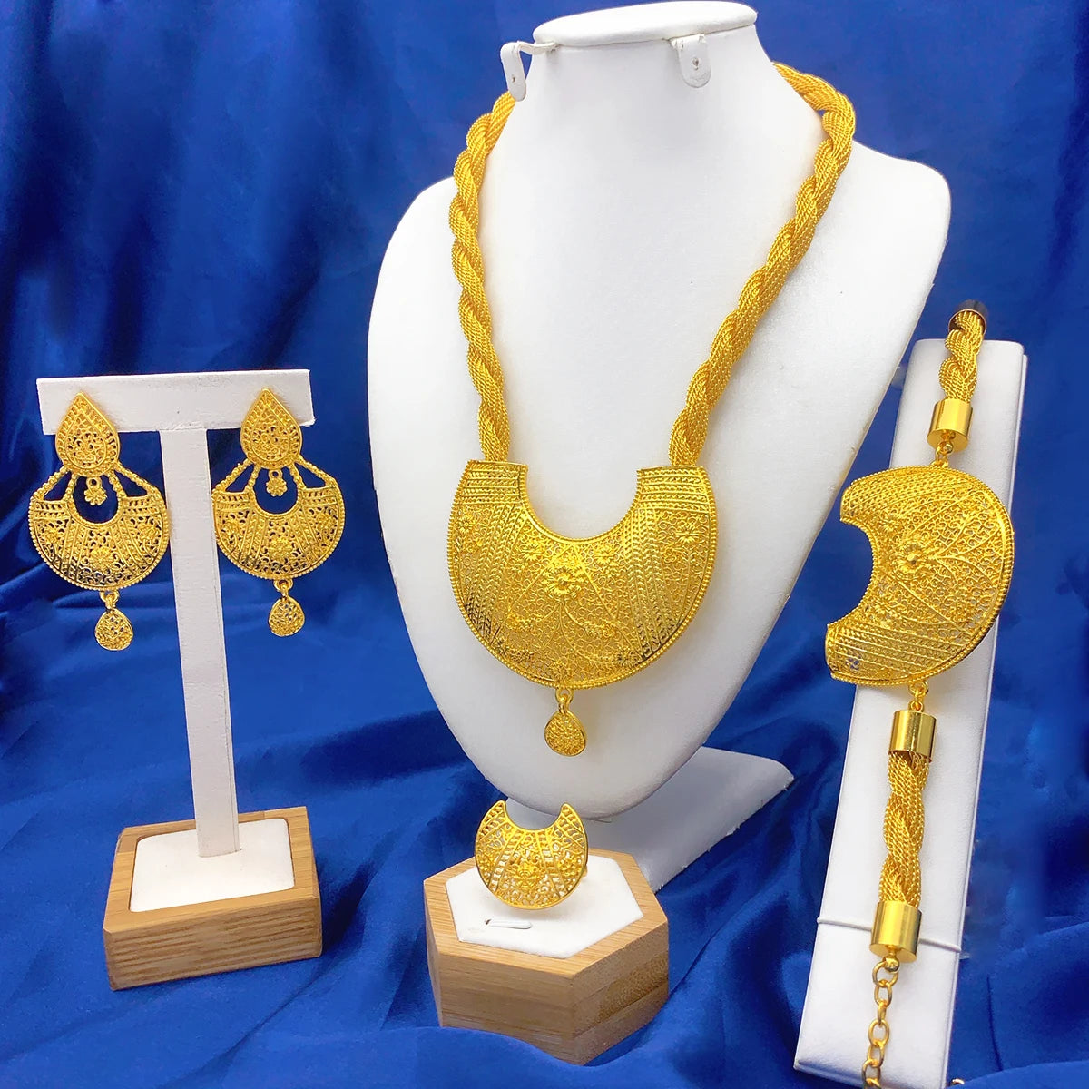 Luxury Indian Dubai Irregular Necklace And Earrings Jewelry Sets For Women Ethiopian Bridal 24k Gold Color Set Wedding