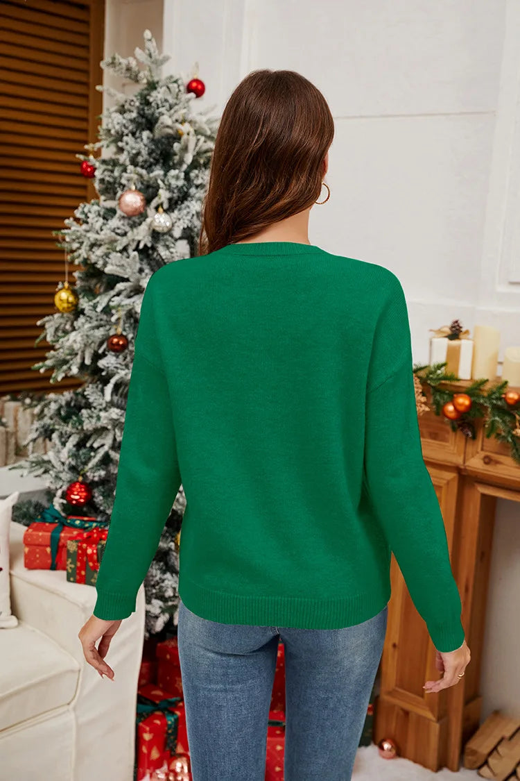 Sweater 2025 Autumn/Winter New Product Christmas Cane Bow Glitter Women's Fashion Round Neck Hooded Long Sleeve Knitted Sweater