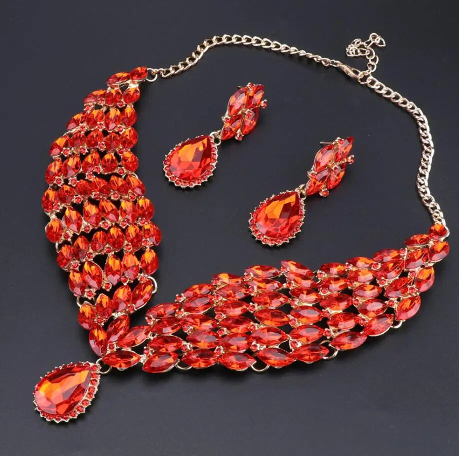 New Green Crystal Statement Necklace Earrings Set Gold Color Jewelry Sets Indian Bridal Wedding Costume Jewellery