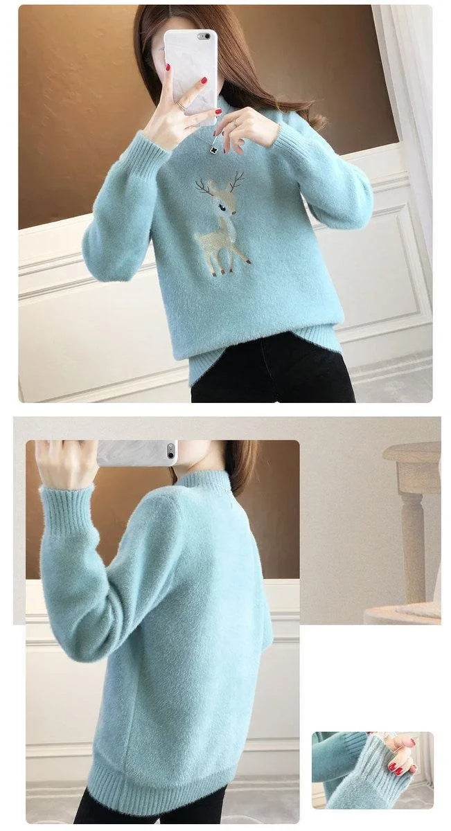 2023 Christmas Sweater Women Faux Mink Cashmere Half High Collar Pullover Fleece Winter Clothes Embroidery Deer Warm Jumper