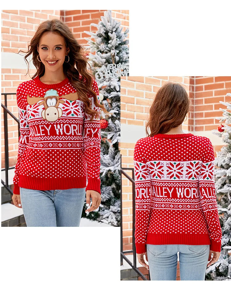 2025 Winter Women Christmas Knit Sweaters Chic Elk Print Jacquard Knitwear Long Sleeve O Neck Pullover Top Soft Warm Jumper Y2k
